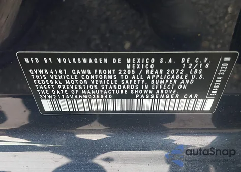 2017 Volkswagen Golf Tsi S 4-Door/Tsi Se 4-Door/Tsi Sel 4-Door/Tsi Wolfsburg Edition 4-Door from USA, damaged, VIN 3VW217AU4HM035940